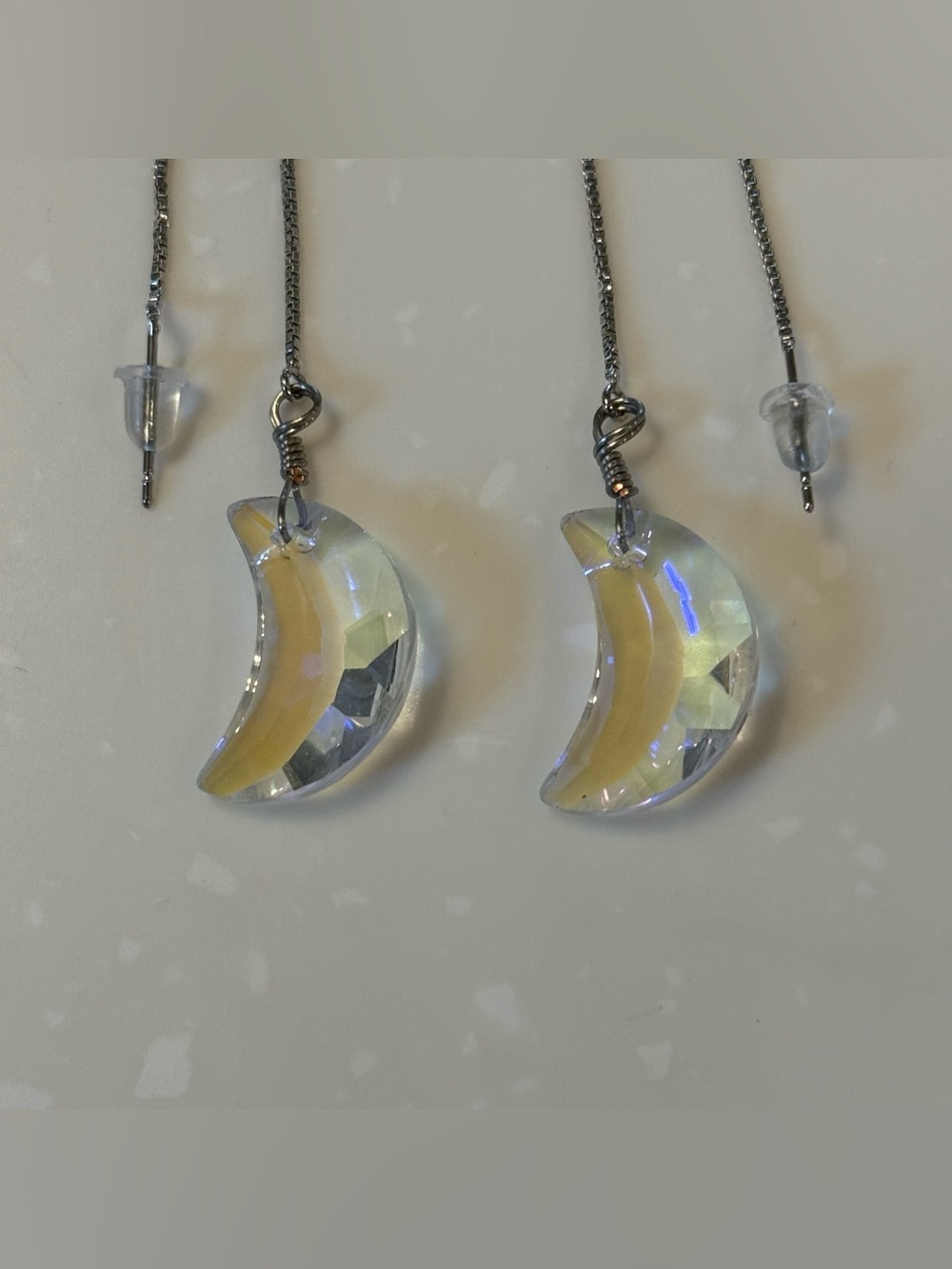 Crystal Crescent Moonstone Threader Earrings - Lavender Iridescent